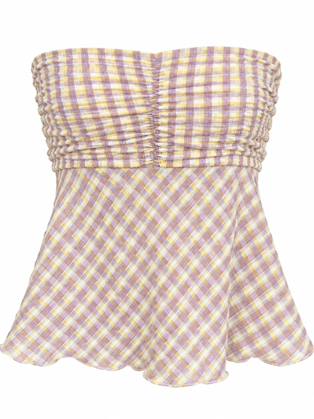 Preppy Y2K Forever 21 Smocked Strapless Plaid Crop Top Yellow Purple Small